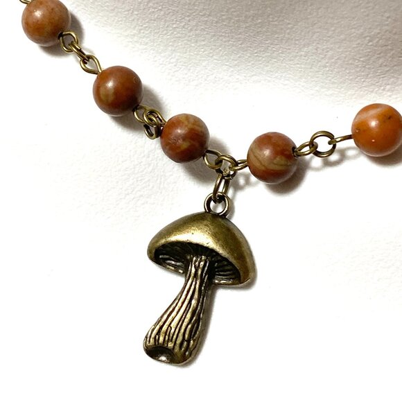 Earthy Polychrome Jasper Necklace, Bronze Slim Mushroom + Genuine Gemstone - Picture 1 of 15